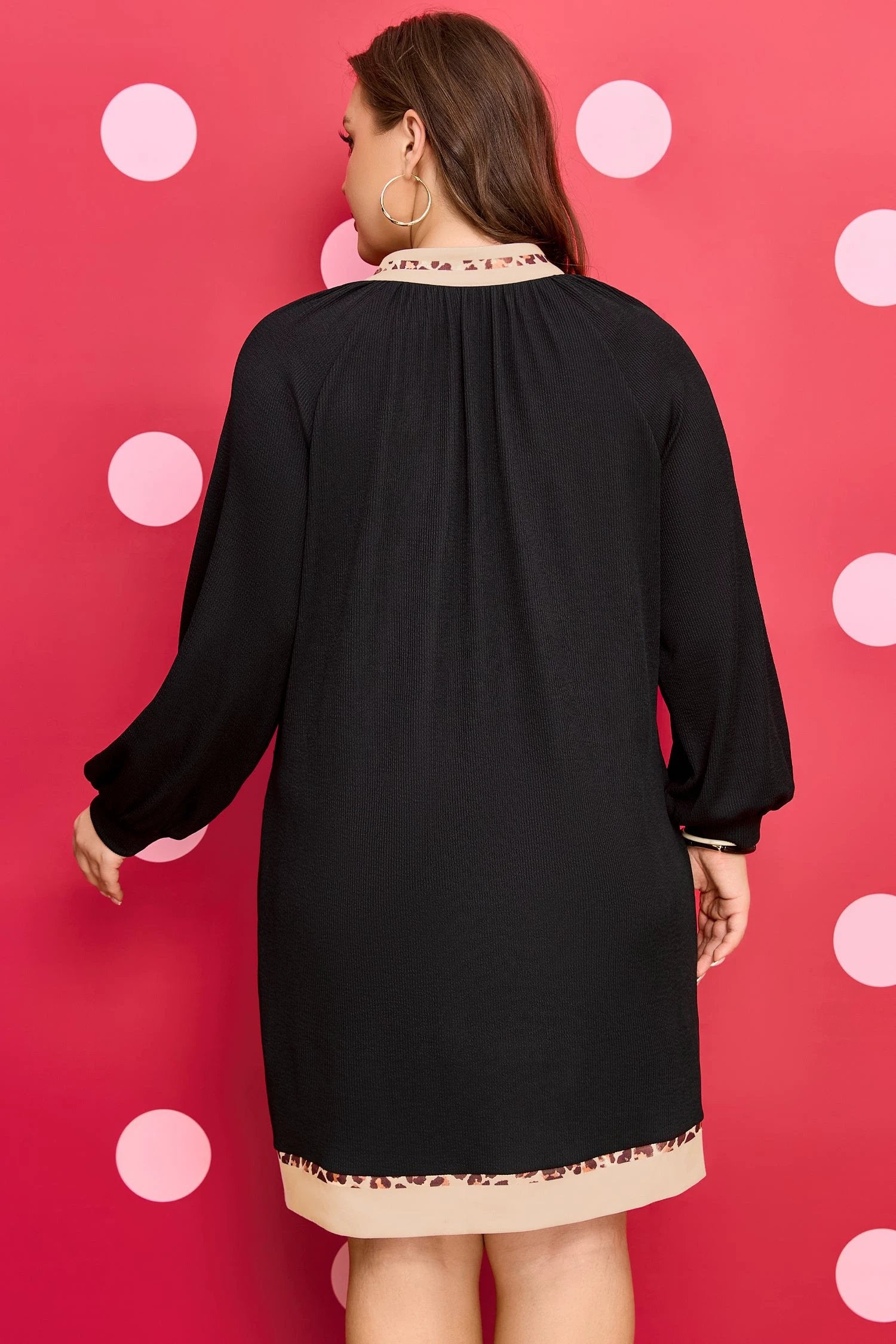 Dear-Lover Dropshipping Black Contrast Color Block Leopard Trim Plus Size Ribbed Dress - Plus Size/Plus Size Dresses/Plus Size Mini Dresses