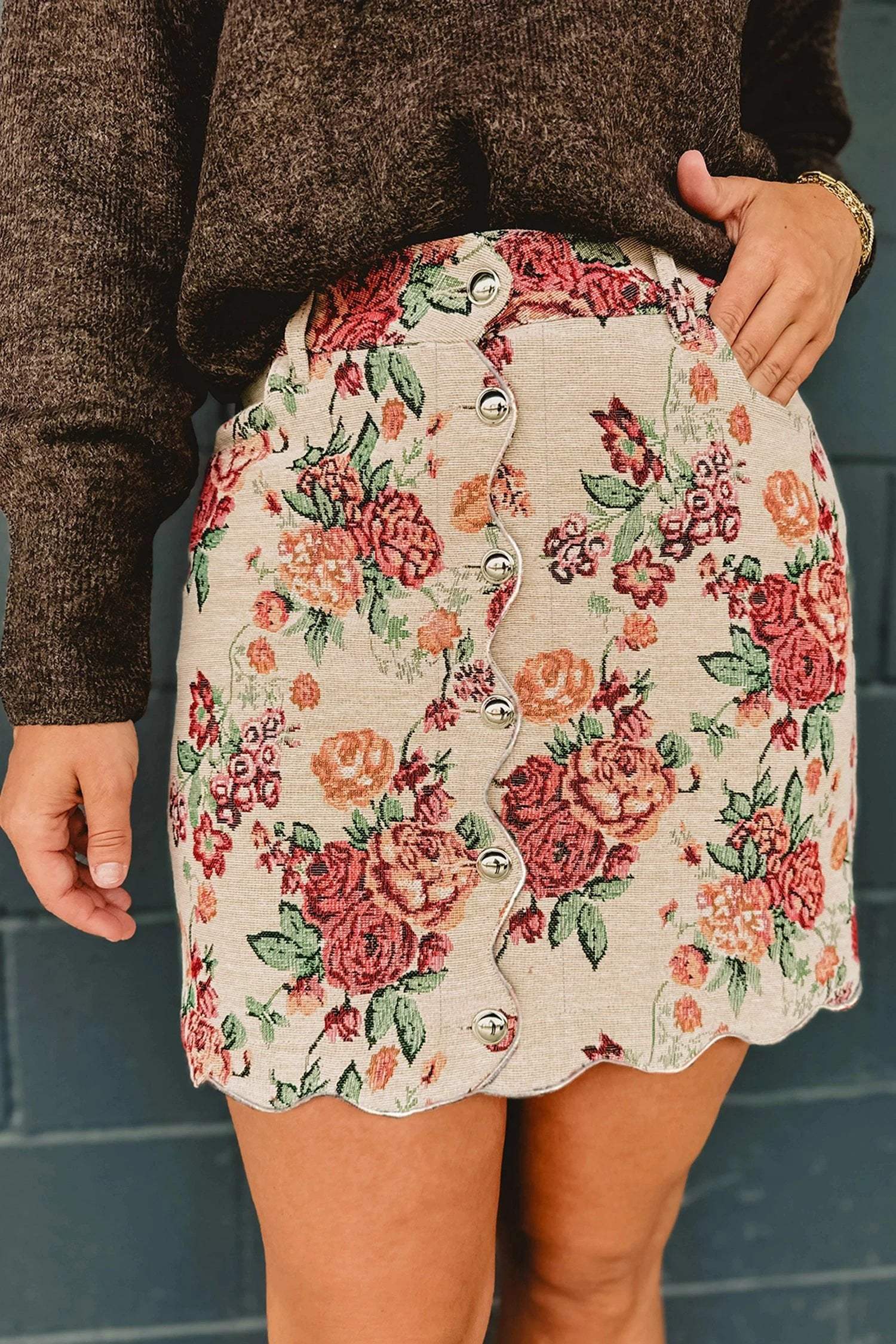 apricot buttoned front scalloped trim mini jacquard floral skirt for women casual everyday outfit