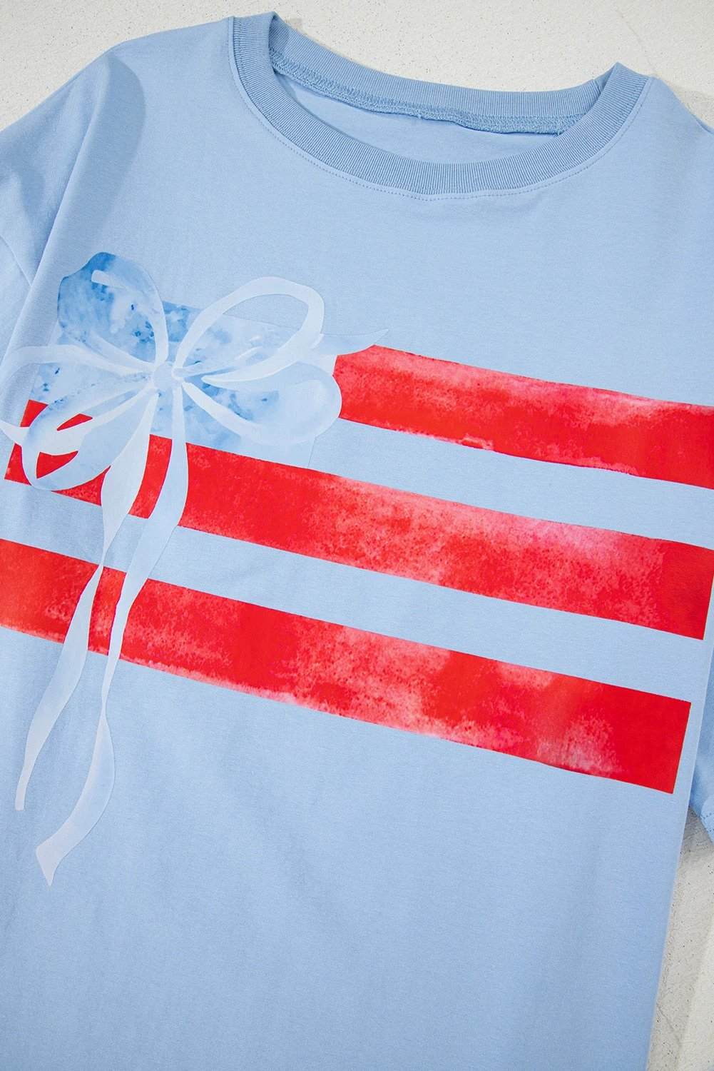 denim flag bow graphic crewneck tee for women casual everyday outfit