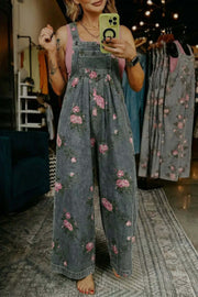 Floral Denim Jumpsuit with pleated high-waist and wide-leg silhouette