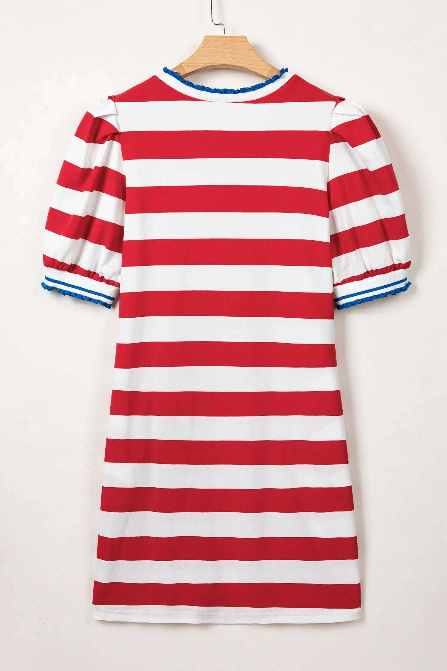 Dear-Lover Dropshipping Blue Stripe Contrast Trim Round Neck Short Puff Sleeve Shift Mini Dress - Dresses Dresses/Mini Dresses