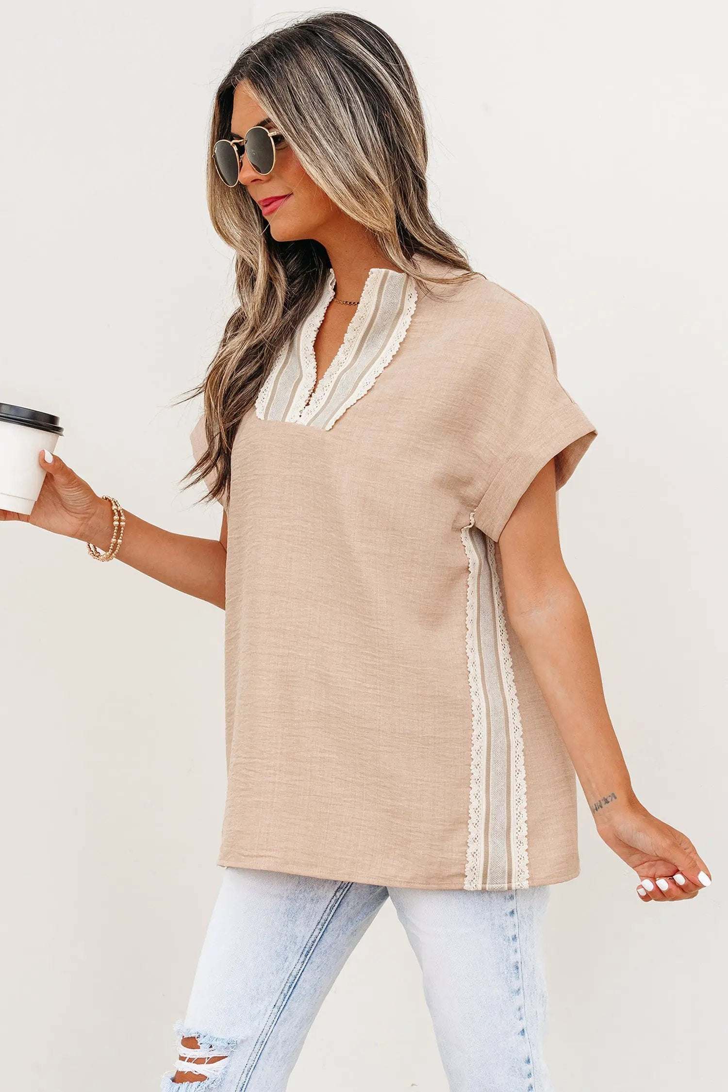 J&H Apparel Crochet Lace Accent Pullover Rolled Short Sleeve Blouse - Blouses Tops/Blouses & Shirts