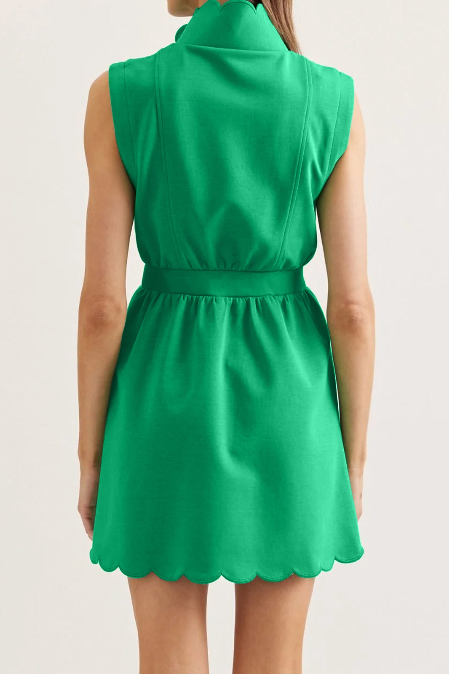 Bright Green Sleeveless Zip Front Scallop Hem Mini Dress