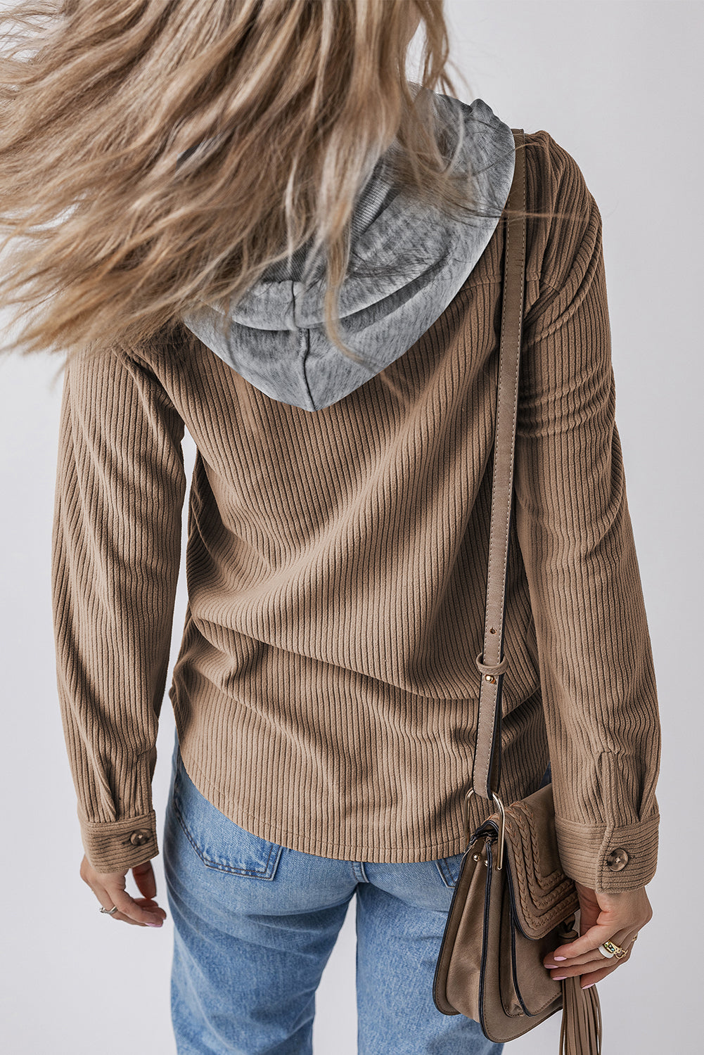 Black Hooded Drawstring Pockets Corduroy Shacket
