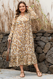 Plus size boho maxi dress with khaki abstract plant print and loose fit