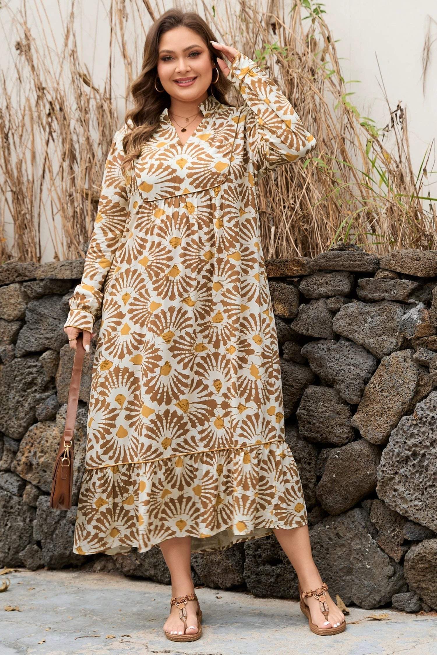 Plus size boho maxi dress with khaki abstract plant print and loose fit