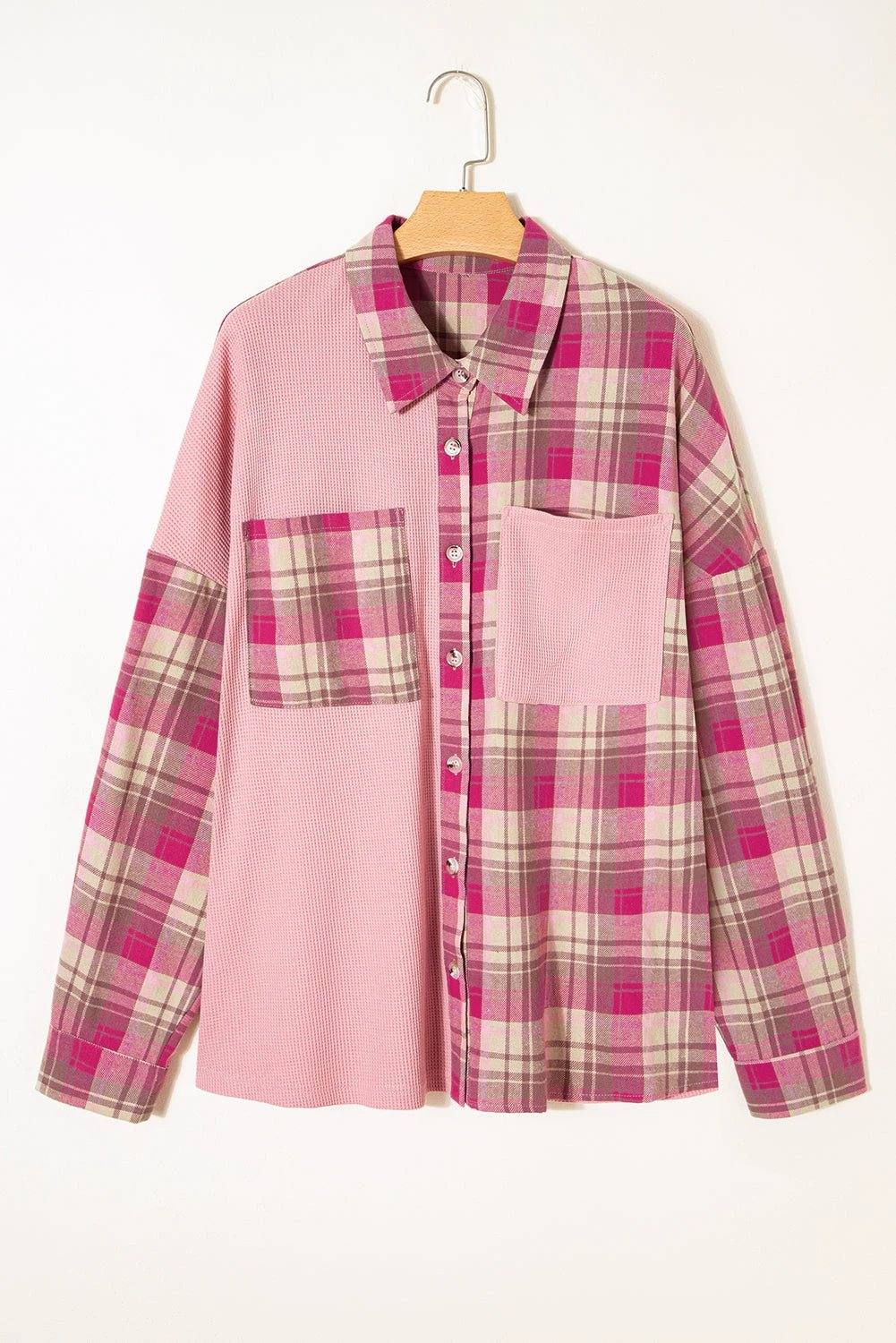 Plus size mom wearing pink plaid waffle knit patch pocket shirt with button front, showcasing mom confidence style