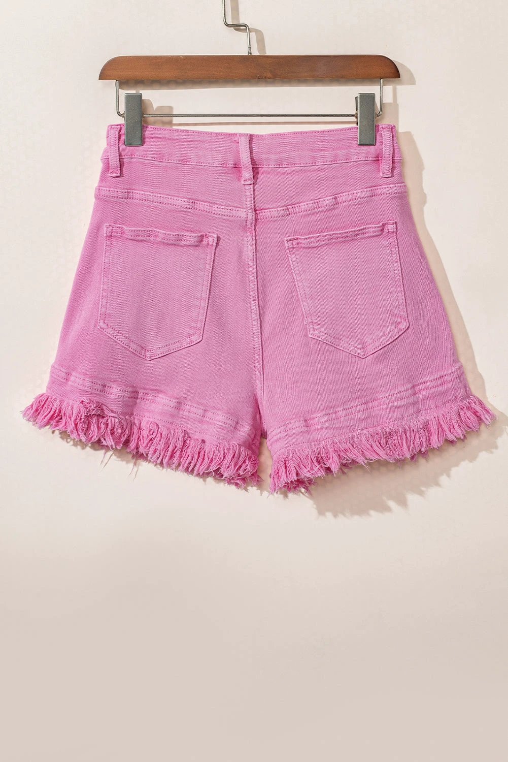 pink frayed edge mid rise denim shorts for women casual everyday outfit