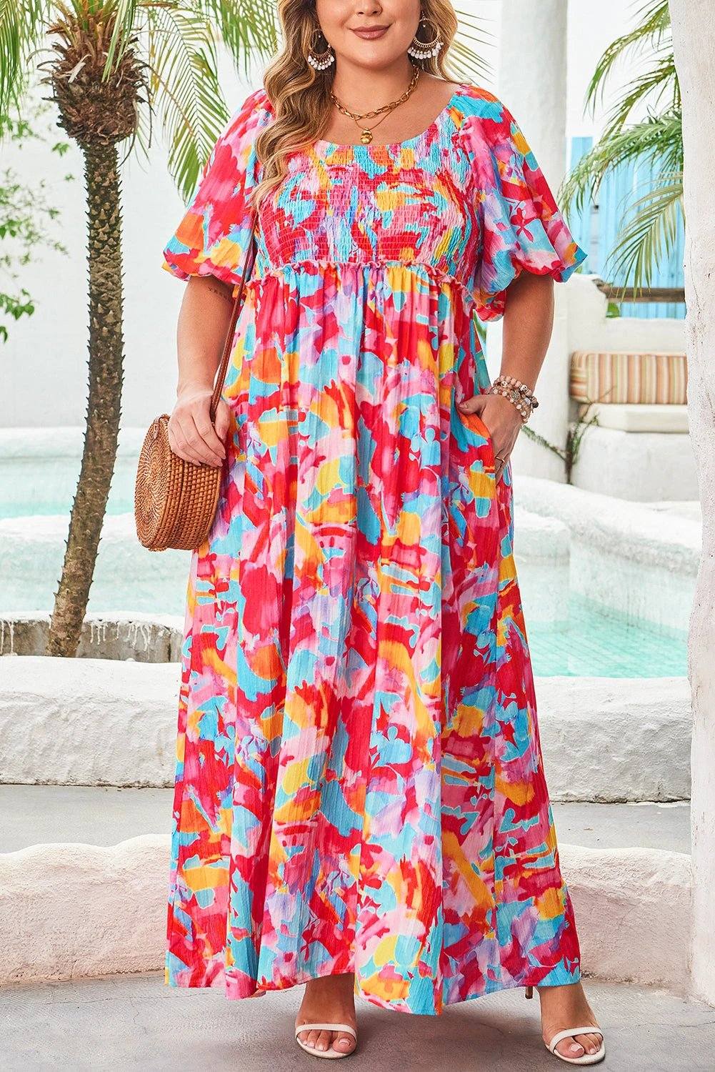 rose abstract printed puff sleeve square neck smocked bust tied back plus size dress for women casual everyday outfit
