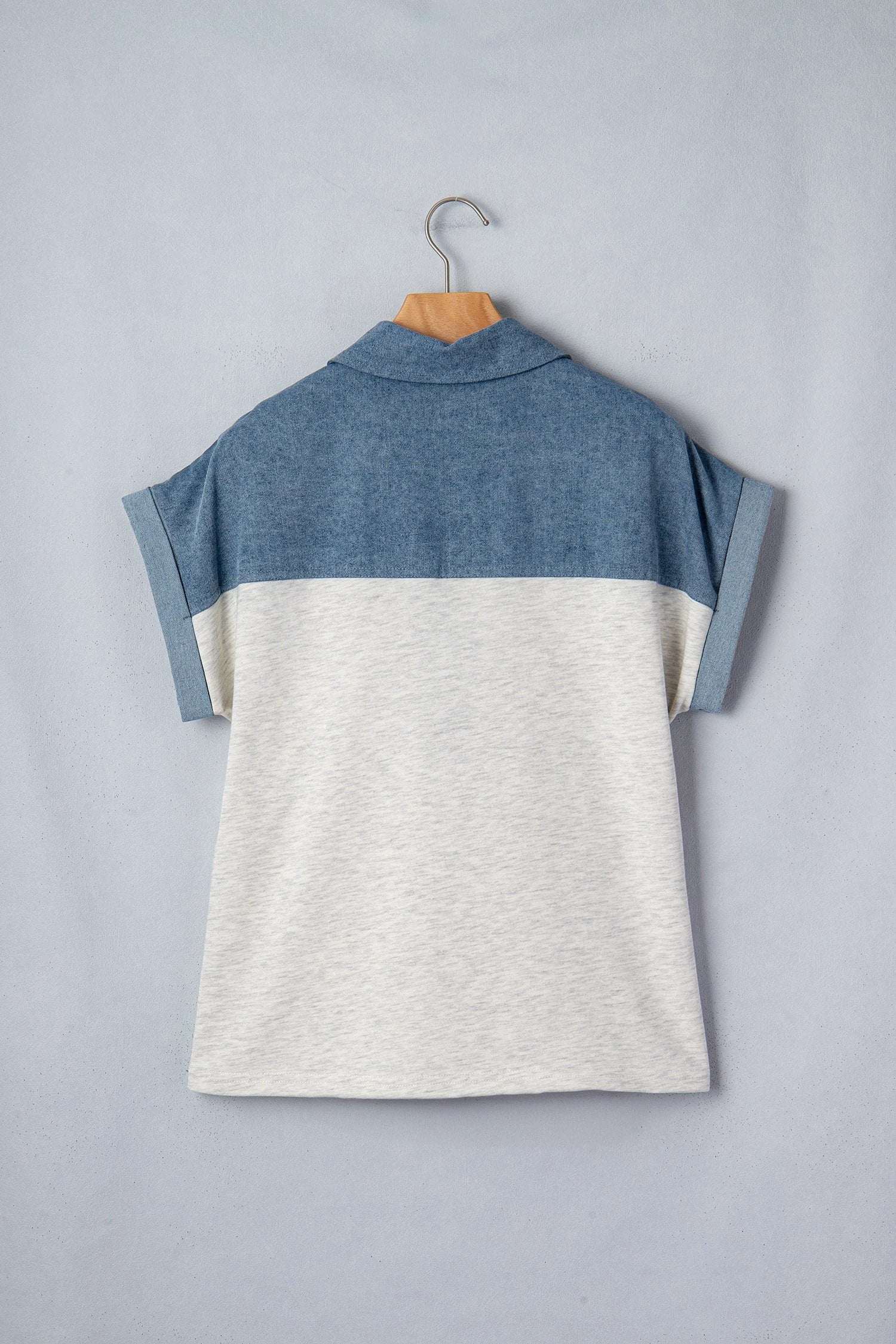 Western Chic color block denim patchwork polo top with short sleeves and button collar