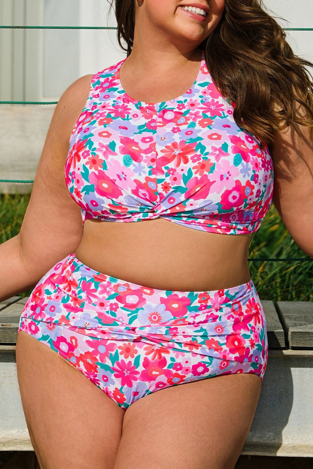 rose plus size floral print twisted high waist bikini set for women casual everyday outfit