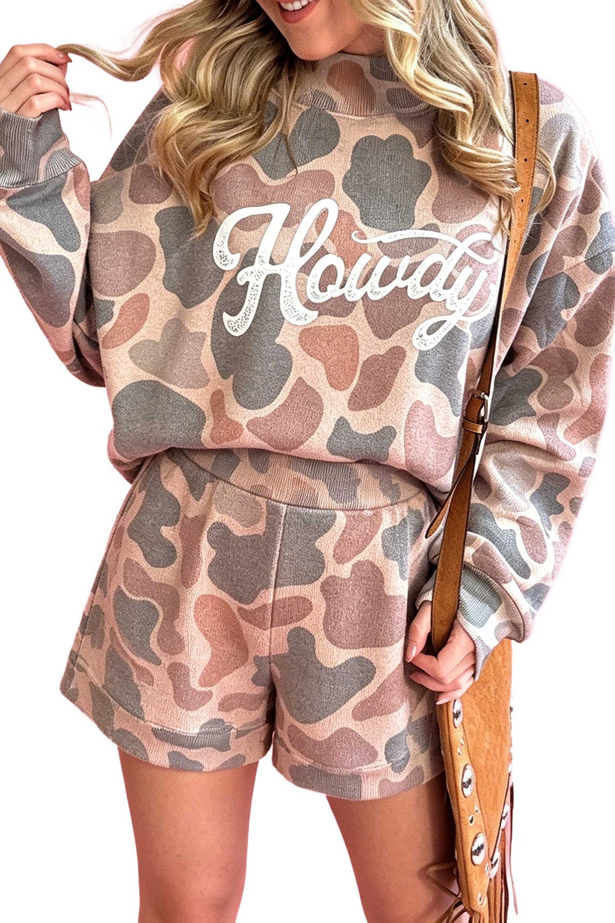 Howdy Camouflage High Neck Long Sleeve Top and Shorts Set