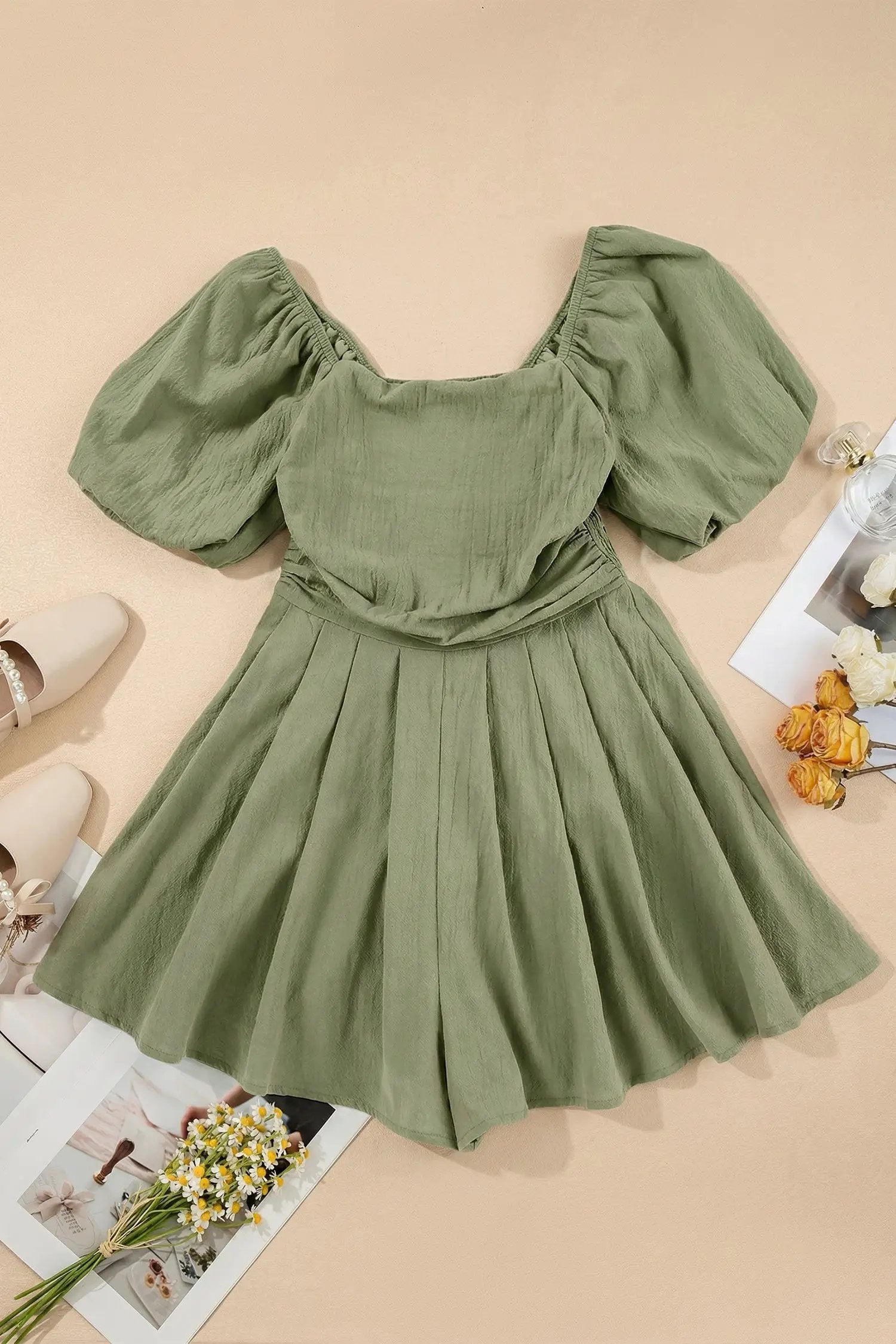 valerian square neck ruched puff sleeve romper for women casual everyday outfit