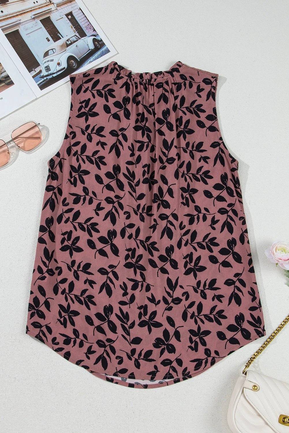 Leaf Print Lace-Up Tank Top
