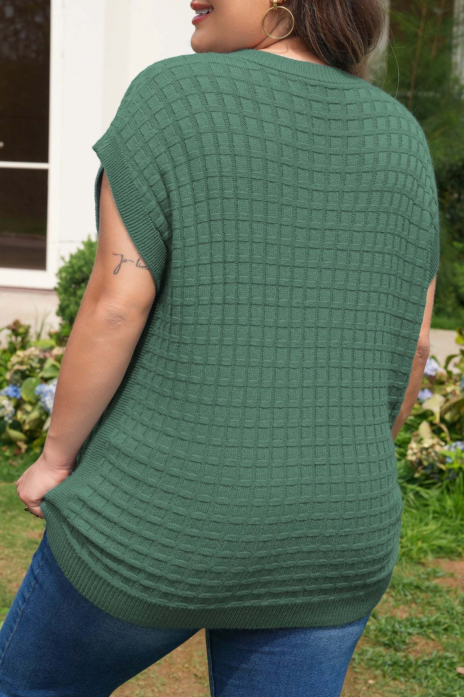 mist green plus size solid color textured knit short sleeve sweater for women casual everyday outfit