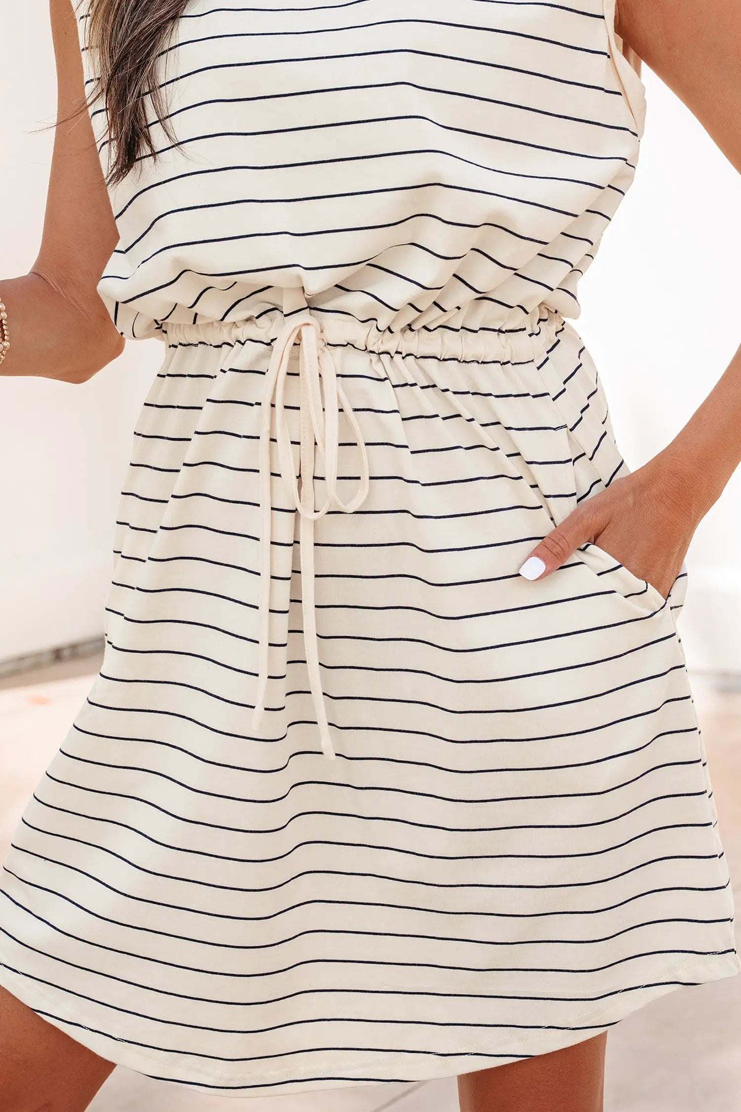 J&H Apparel Beige Stripe Drawstring Tunic Tank Mini Dress with Pockets - Dresses Dresses/Mini Dresses