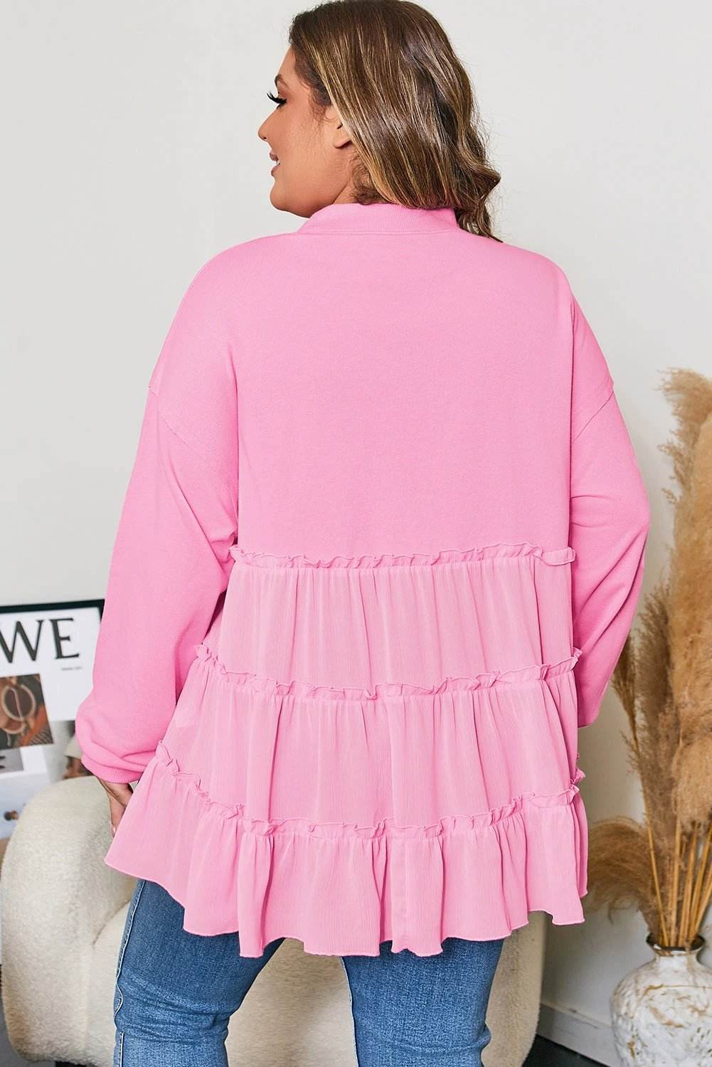 Dear-Lover Dropshipping Pink Tiered Ruffle Ribbed Crew Neck Pullover Plus Size Top - Plus Size/Plus Size Tops/Plus Size Blouses & Shirts