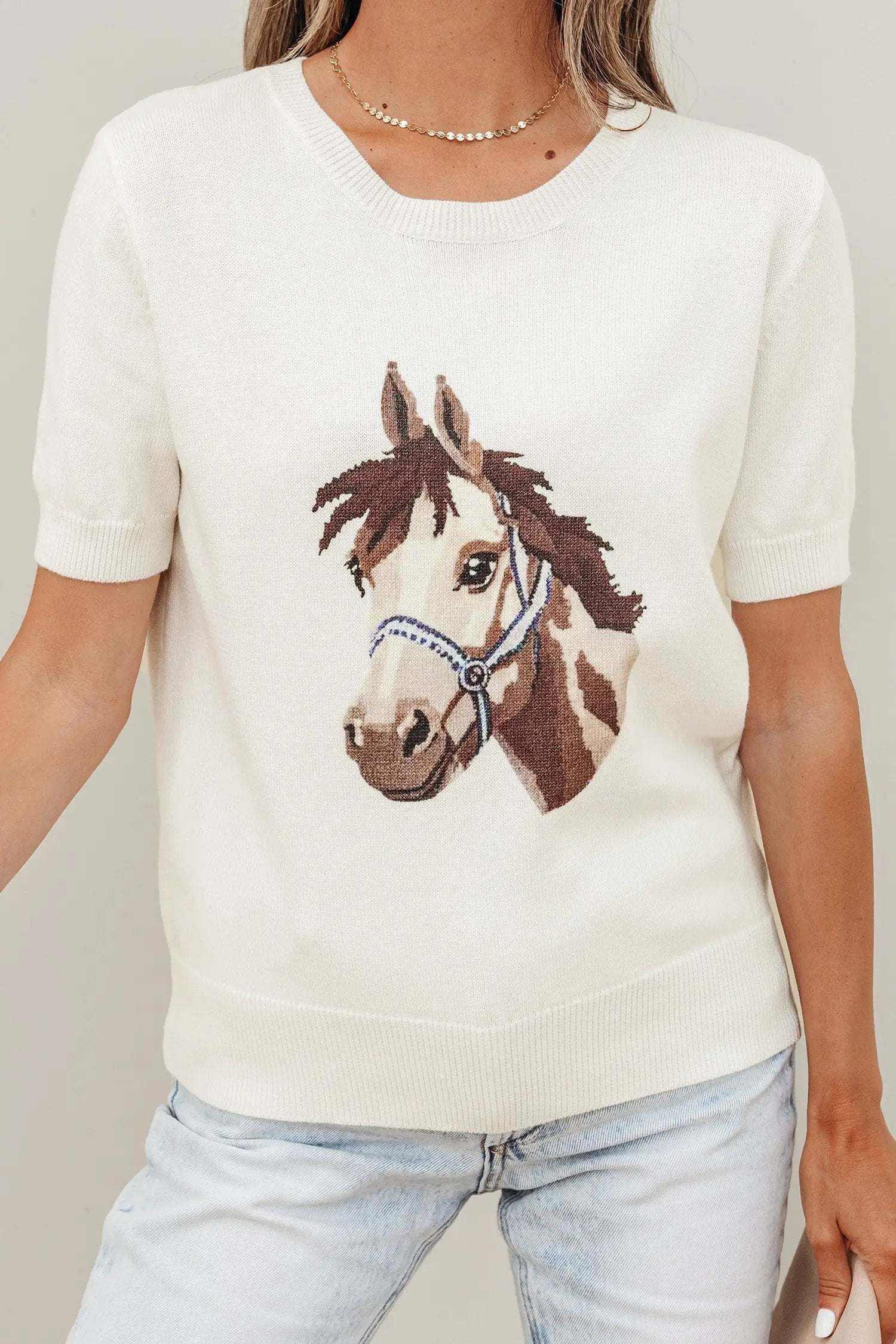 J&H Apparel White Wild West Horse Head Printed Short Sleeve Sweater - Sweaters Sweaters & Cardigans/Short Sleeve Sweaters