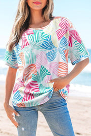 Bowknot printed waffle crewneck short sleeve top for vacation vibe and casual comfort
