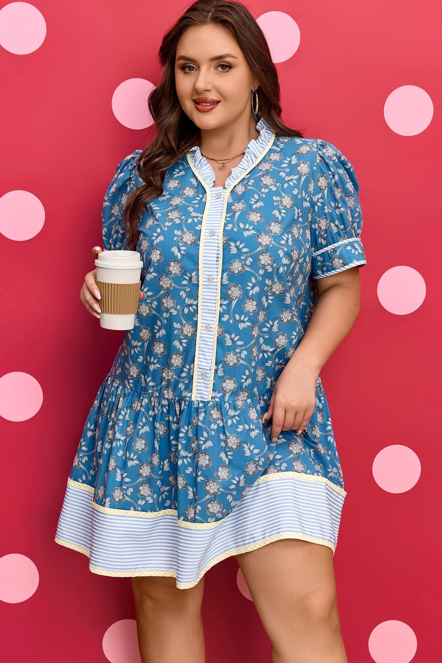Plus size blue floral print dress with striped panel and ruffle hem