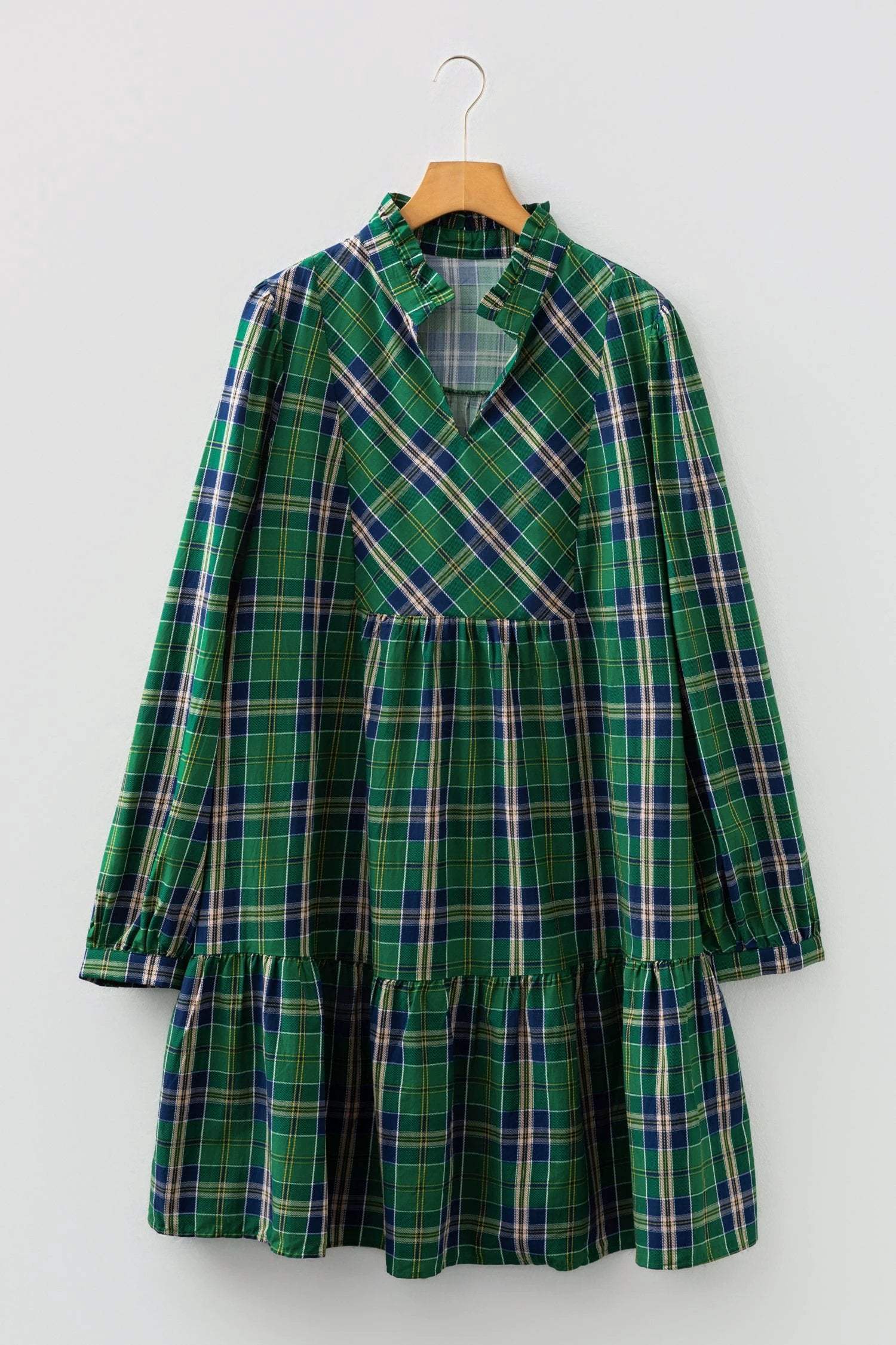 green plus size plaid long sleeve notched neck shift mini dress for women casual everyday outfit
