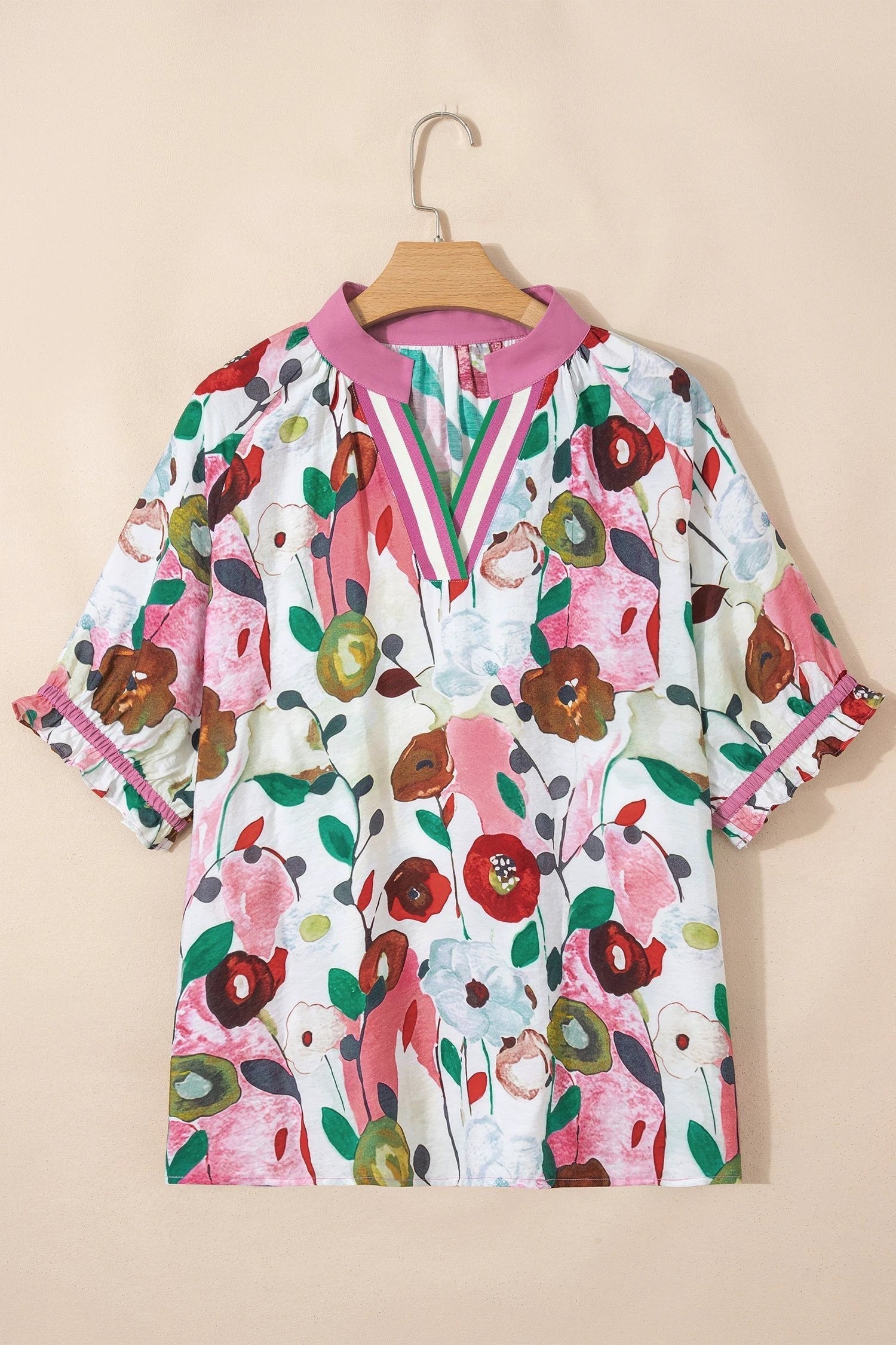 Dear-Lover Dropshipping Pink V Neck Short Puff Sleeve Plus Size Floral Blouse - Plus Size/Plus Size Tops/Plus Size Blouses & Shirts