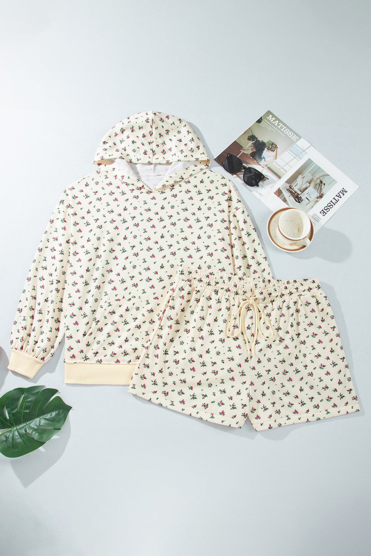 Plus Size Floral Print Hooded Long Sleeve Outfit Set