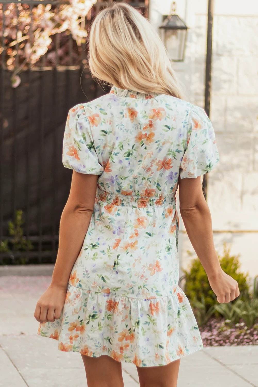beige floral print shirred high waist puff sleeve mini dress for women casual everyday outfit