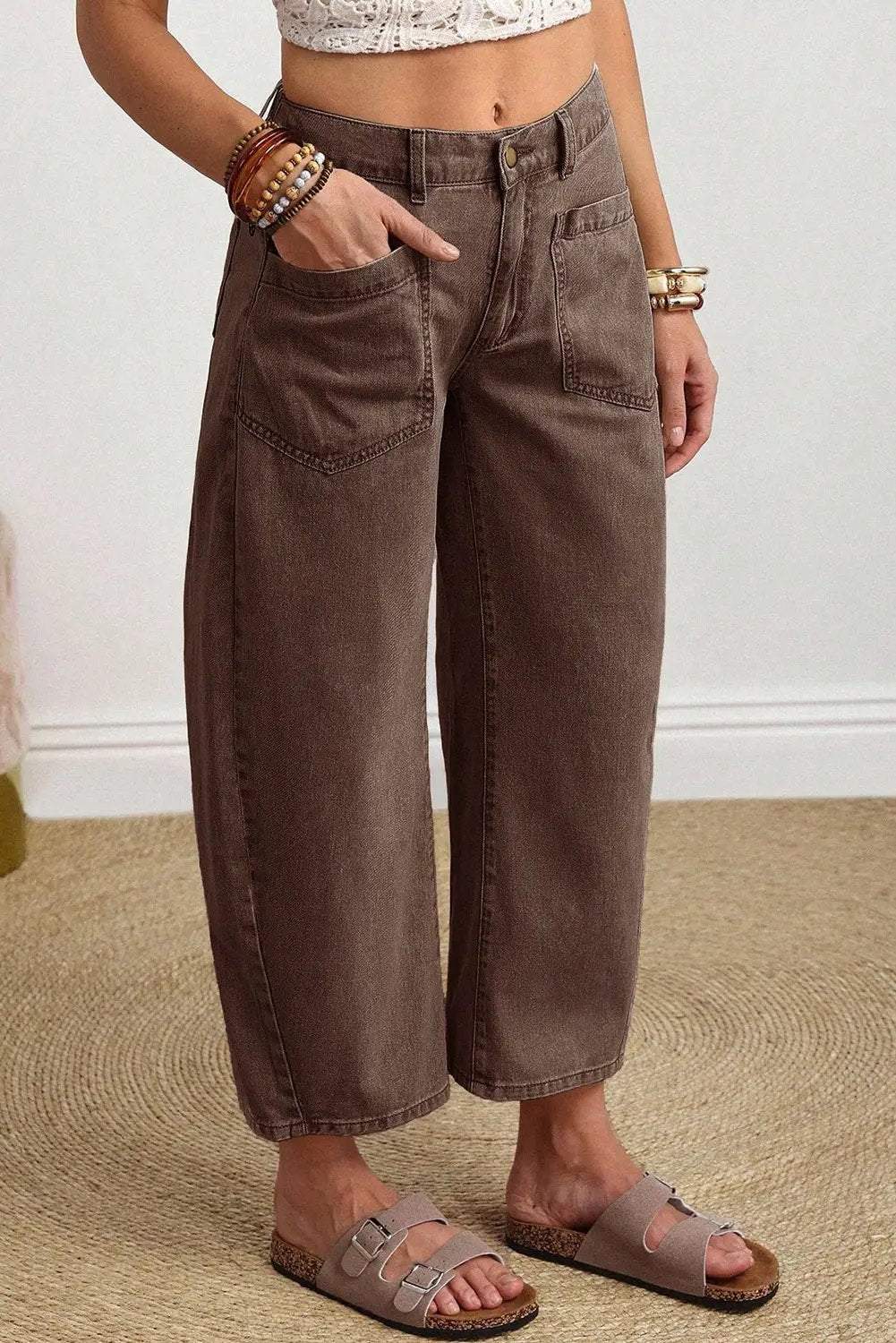 Barrel Jeans coffee brown ankle-length denim with square patch pockets