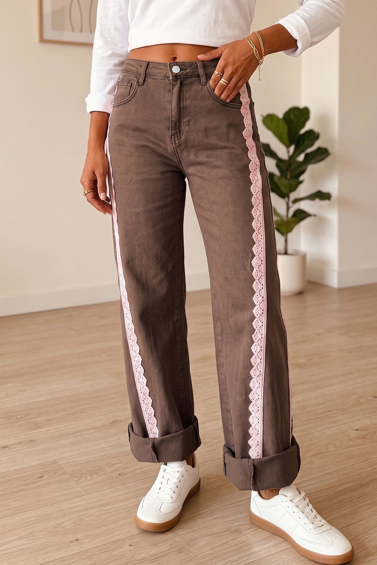 Lace Trim Casual Full-Length Regular Fit Jeans