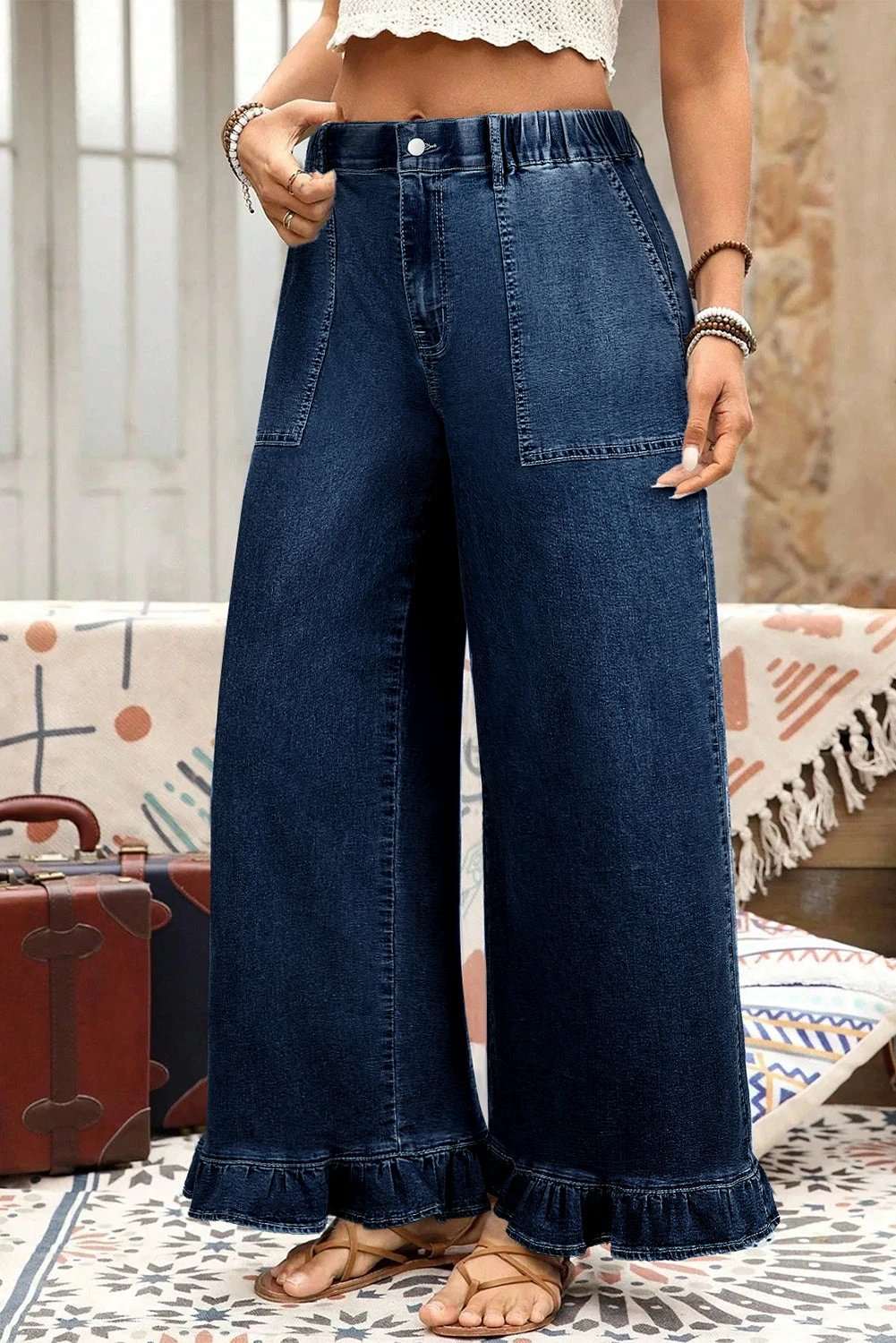Plus Size Wide Leg Denim Pants with elastic waist and ruffled detail