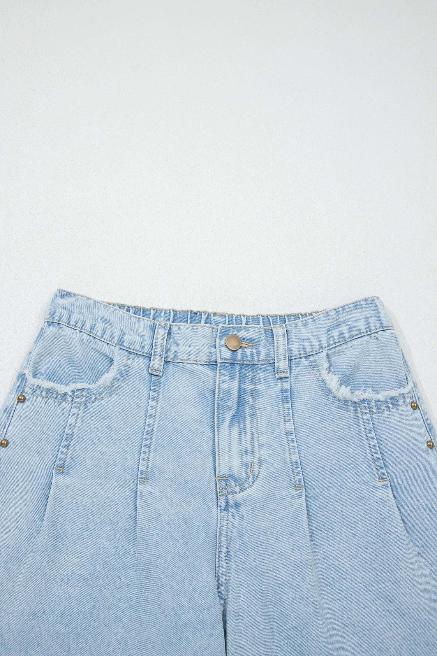 Soft Denim Blue studded side slit leg frayed pocketed wide leg jeans for women casual everyday outfit