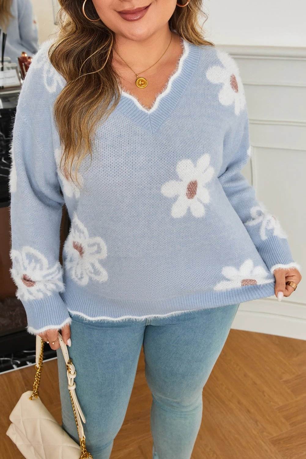 gray fuzzy flower scalloped v neck plus sweater for women casual everyday outfit