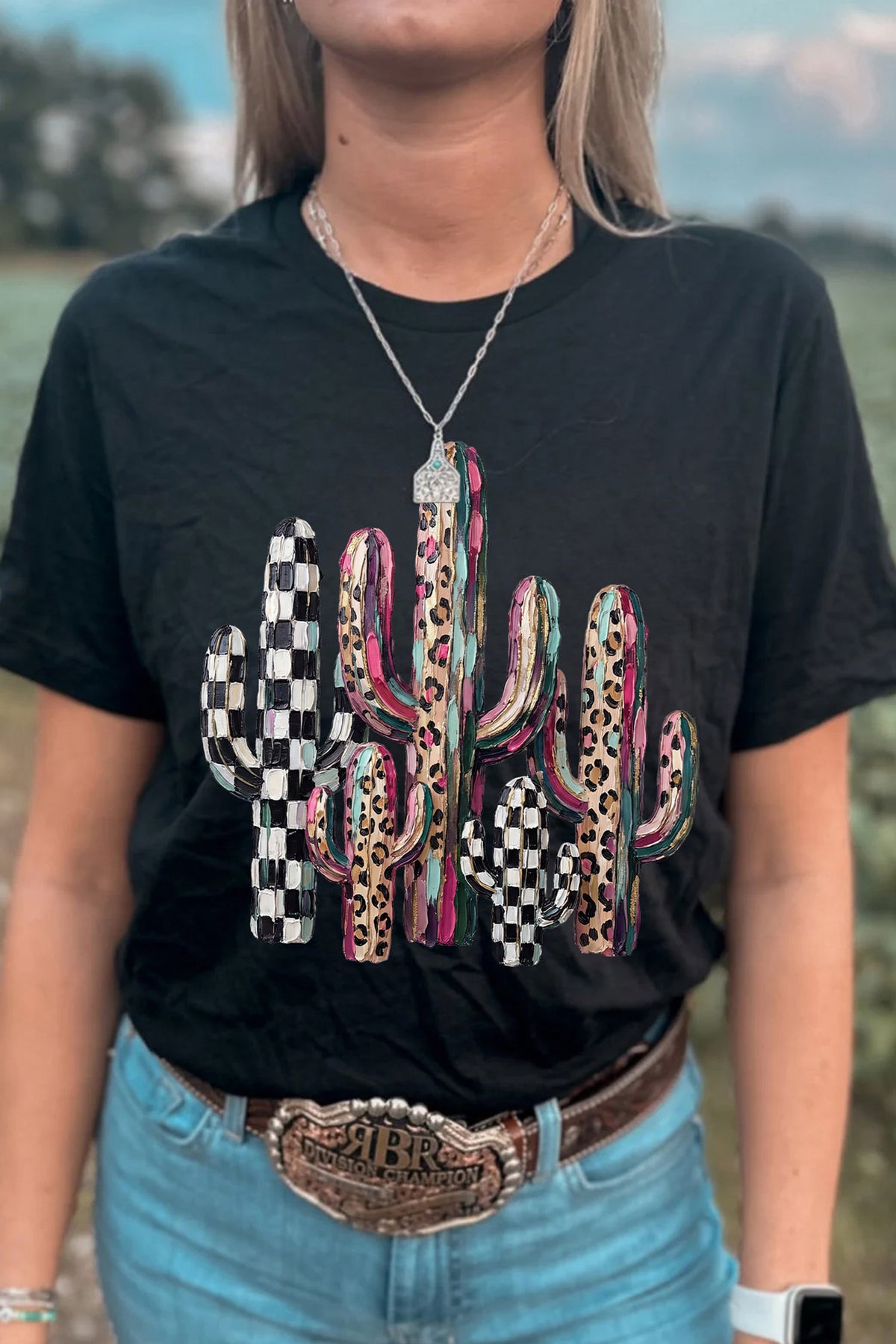 Mixed Pattern Cactus Graphic Print Relaxed T-Shirt