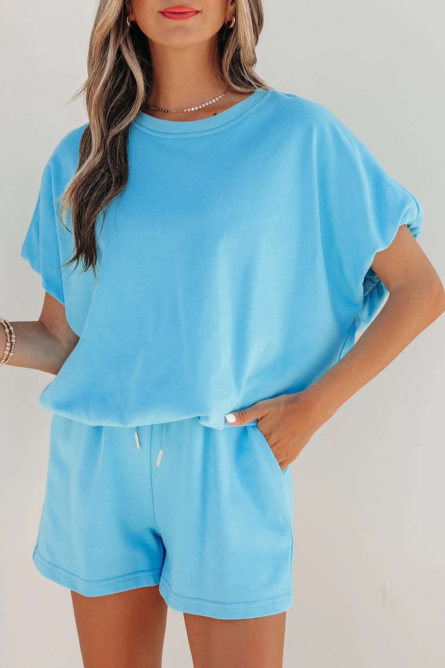 J&H Apparel Green Solid Color Puffy Loose Top Drawstring Shorts 2pcs Outfit - Outfit Sets Two Piece Sets/Short Sets