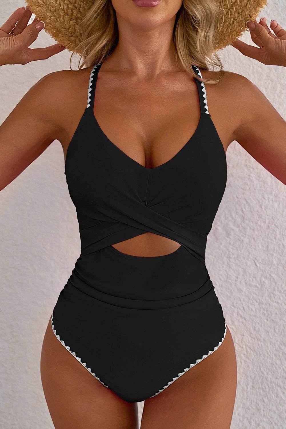 Pink ric rac trim contrasted patchwork cutout one piece swimsuit for women casual everyday outfit