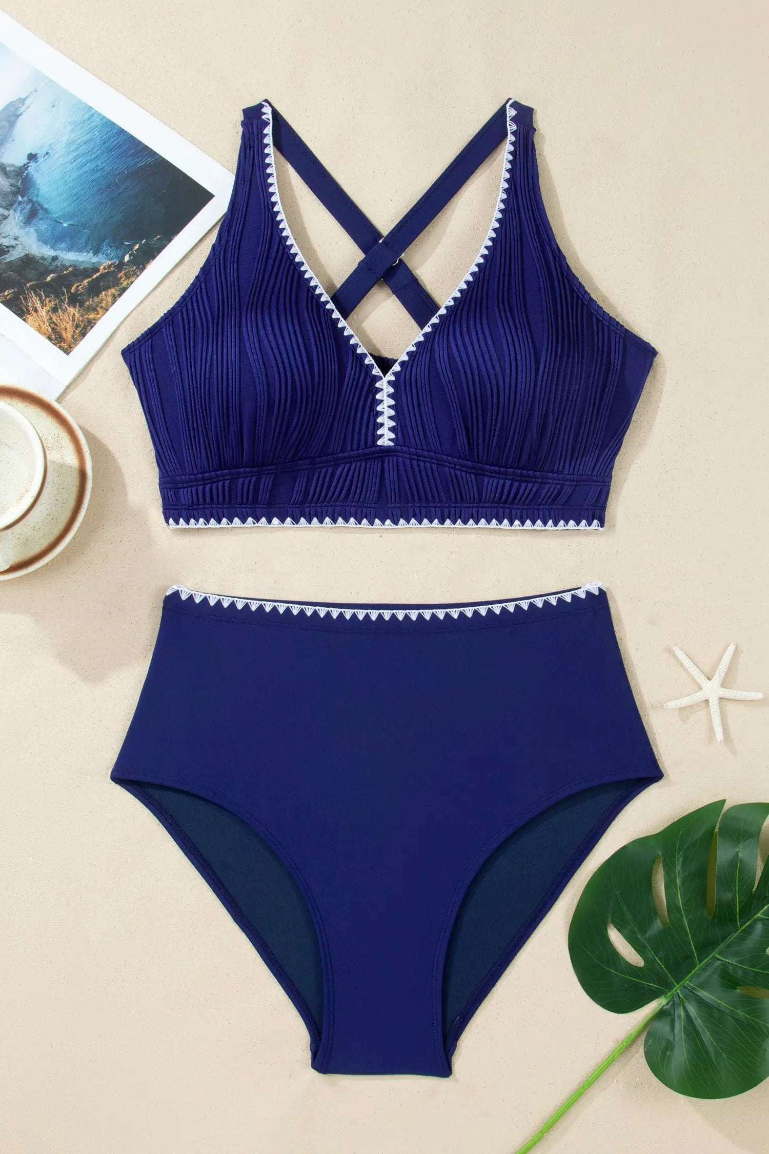 J&H Apparel Dark Blue Shell Stitched Trim V Neck Textured Mix and Match High Waist Bikinis - Classic Bikinis Swimwear/Bikinis