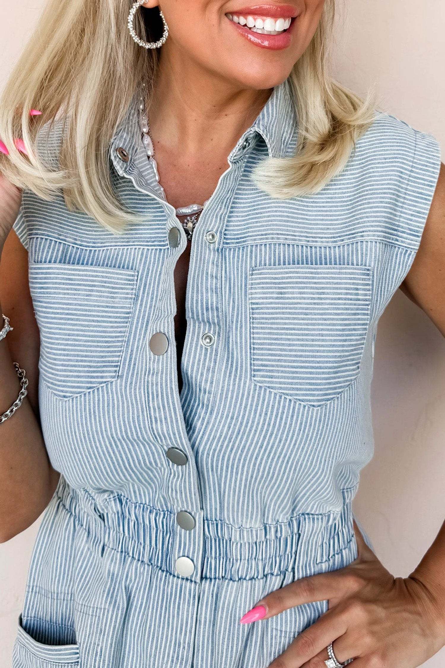 sky blue stripe collared button front sleeveless denim mini dress for women casual everyday outfit