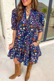 Navy mini dress with wild daisy floral print and puff sleeves