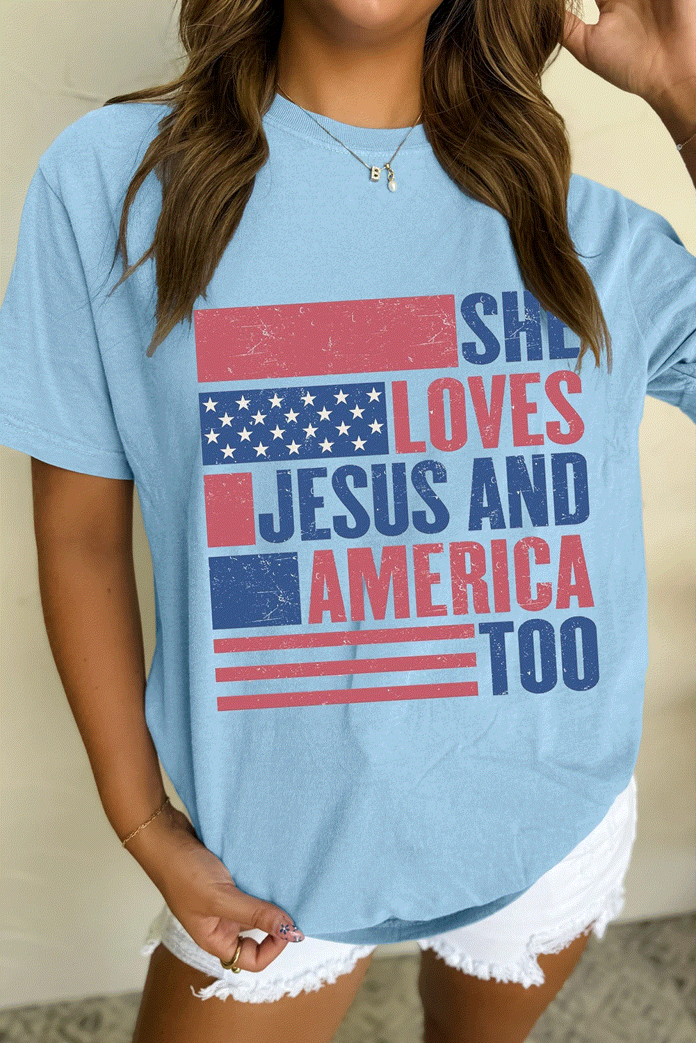 light blue she loves jesus and america too flag graphic t shirt for women casual everyday outfit