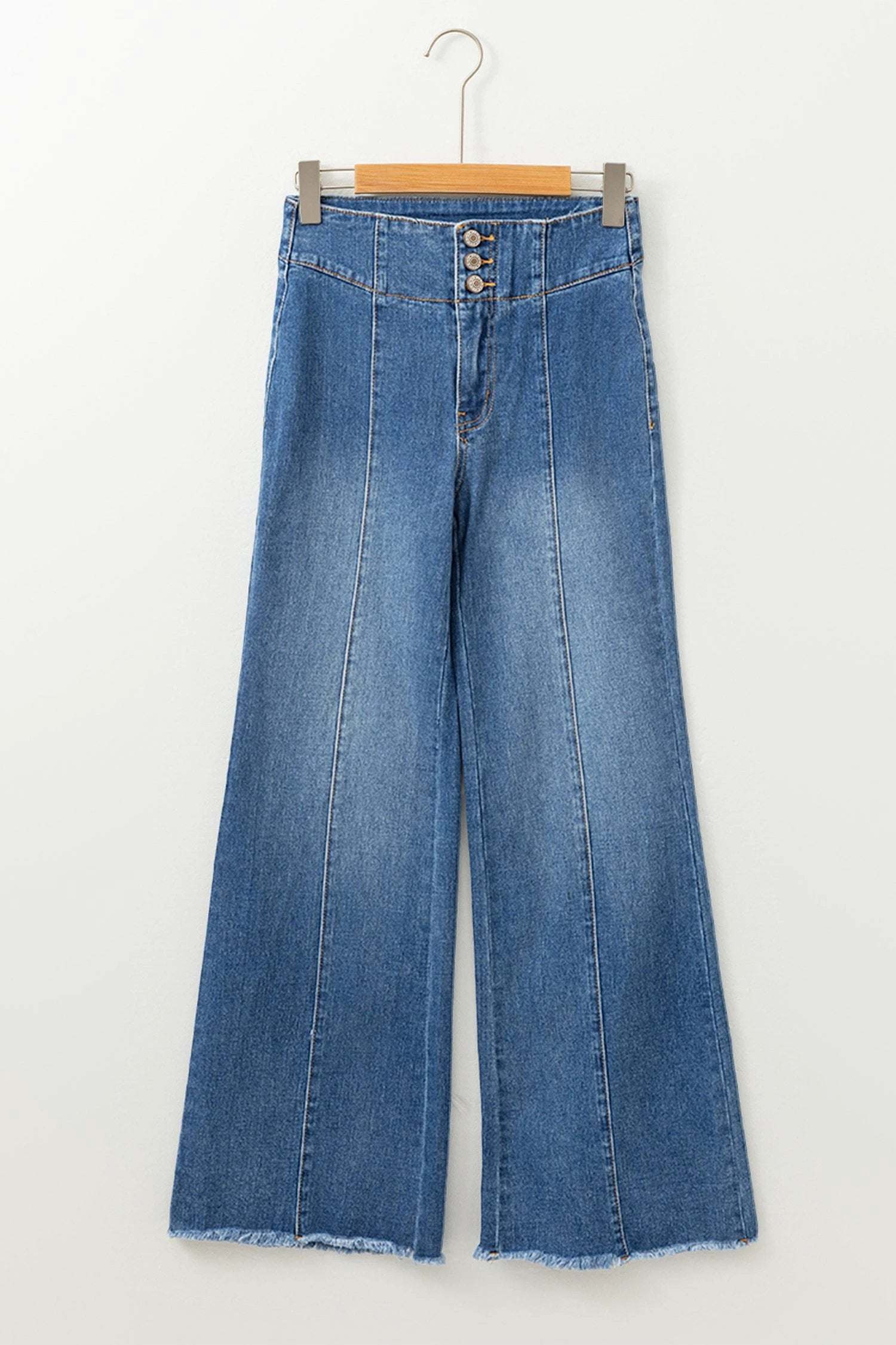 sail blue high waist button fly seamed raw hem flare jeans for women casual everyday outfit