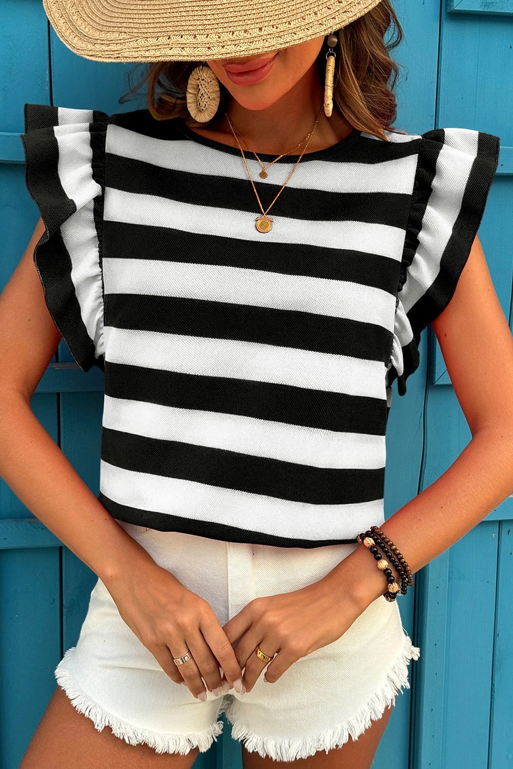 Black and white striped flutter sleeve tee with round neck on mannequin