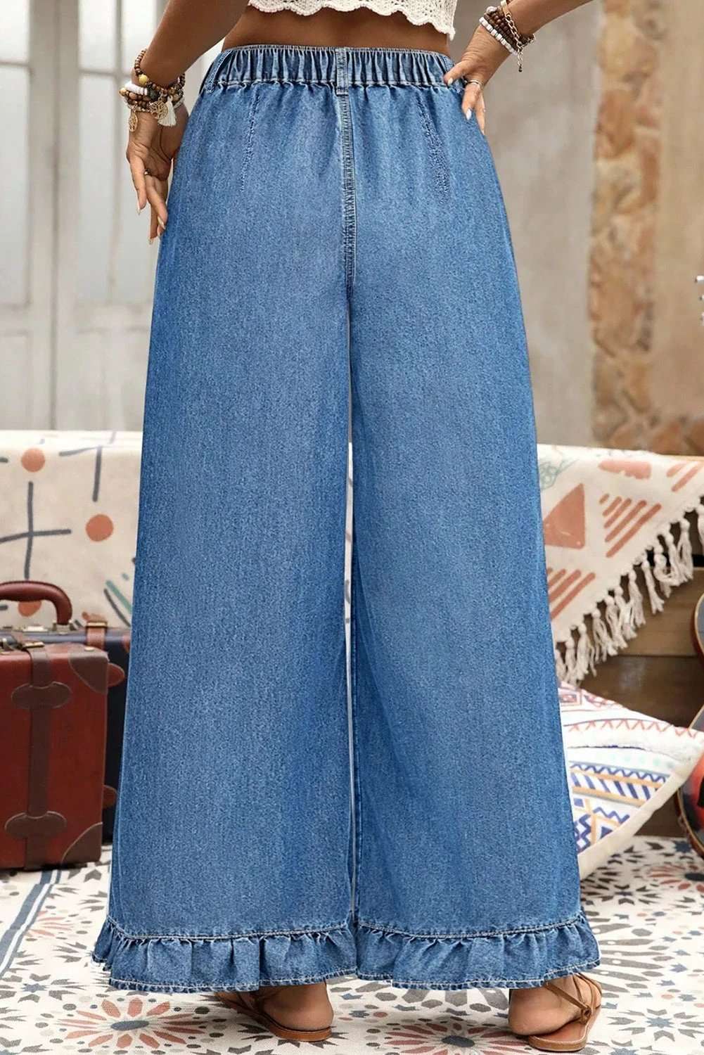 Plus Size Wide Leg Denim Pants with elastic waist and ruffled detail