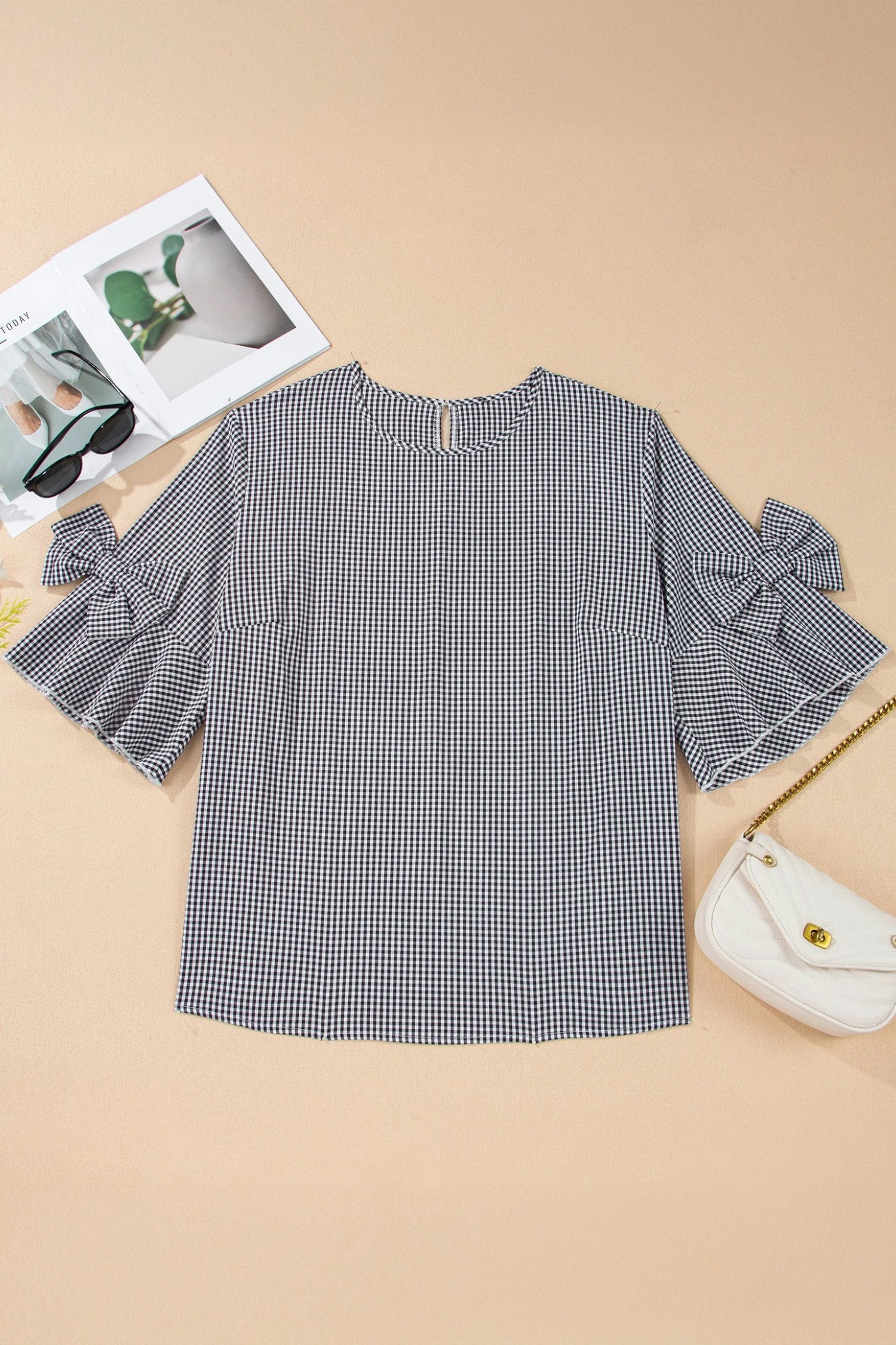 Dear-Lover Dropshipping Black Plus Size Plaid Bow Decor Bell Sleeve Round Neck Jumper - Plus Size/Plus Size Tops/Plus Size Tops & Tees