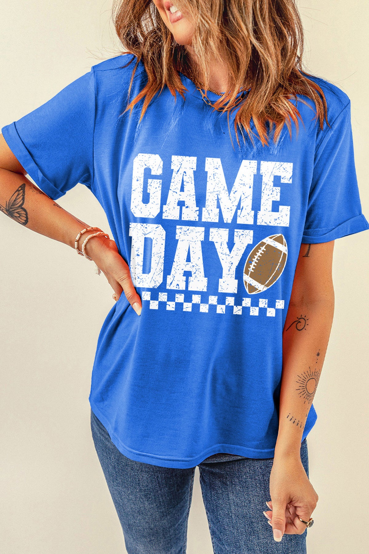 GAME DAY Checkered Print Rugby Graphic T-Shirt