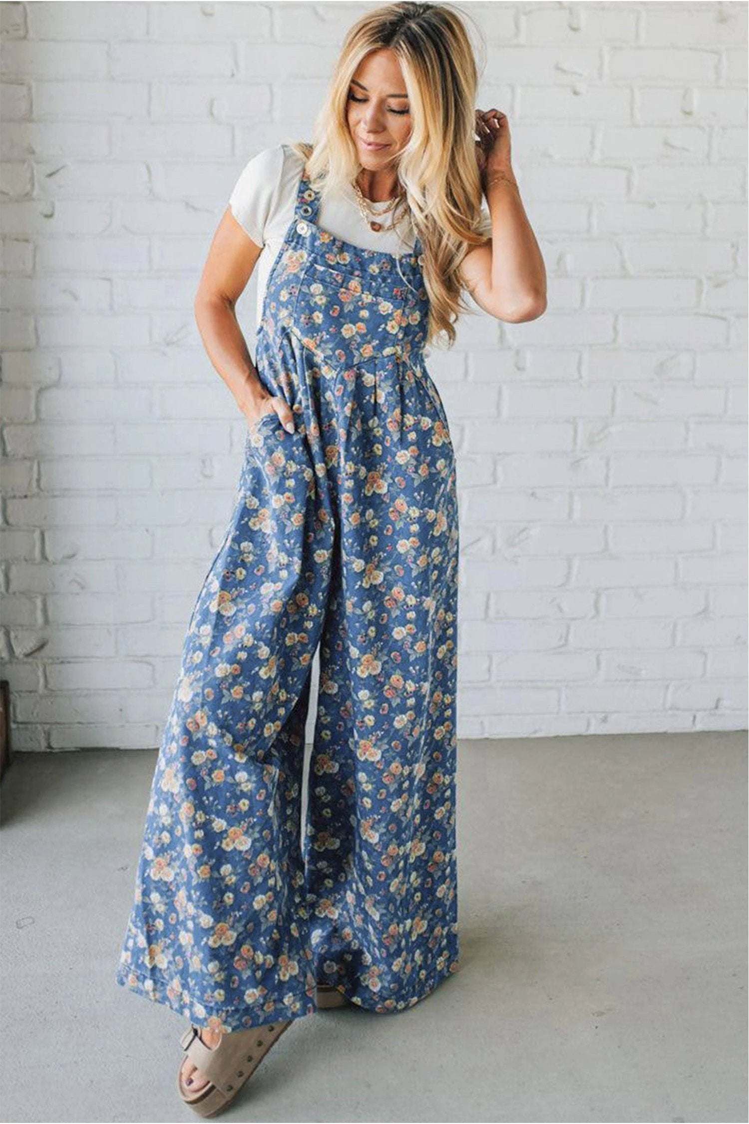 blue vintage rose printed pleated loose denim overall jumpsuit for women casual everyday outfit
