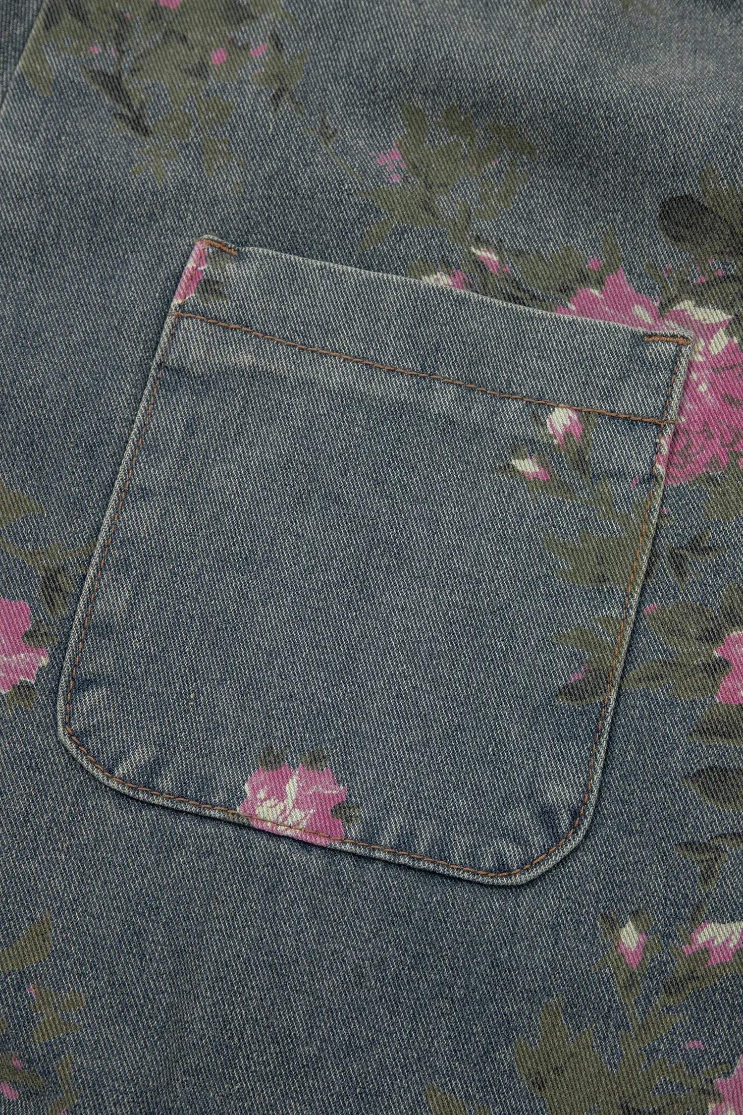 Floral Denim Jumpsuit with pleated high-waist and wide-leg silhouette