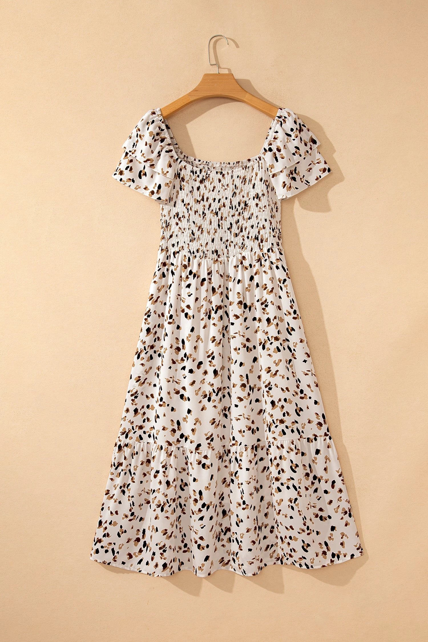 beige ditsy floral print smocked square neck ruffle short sleeve dress for women casual everyday outfit