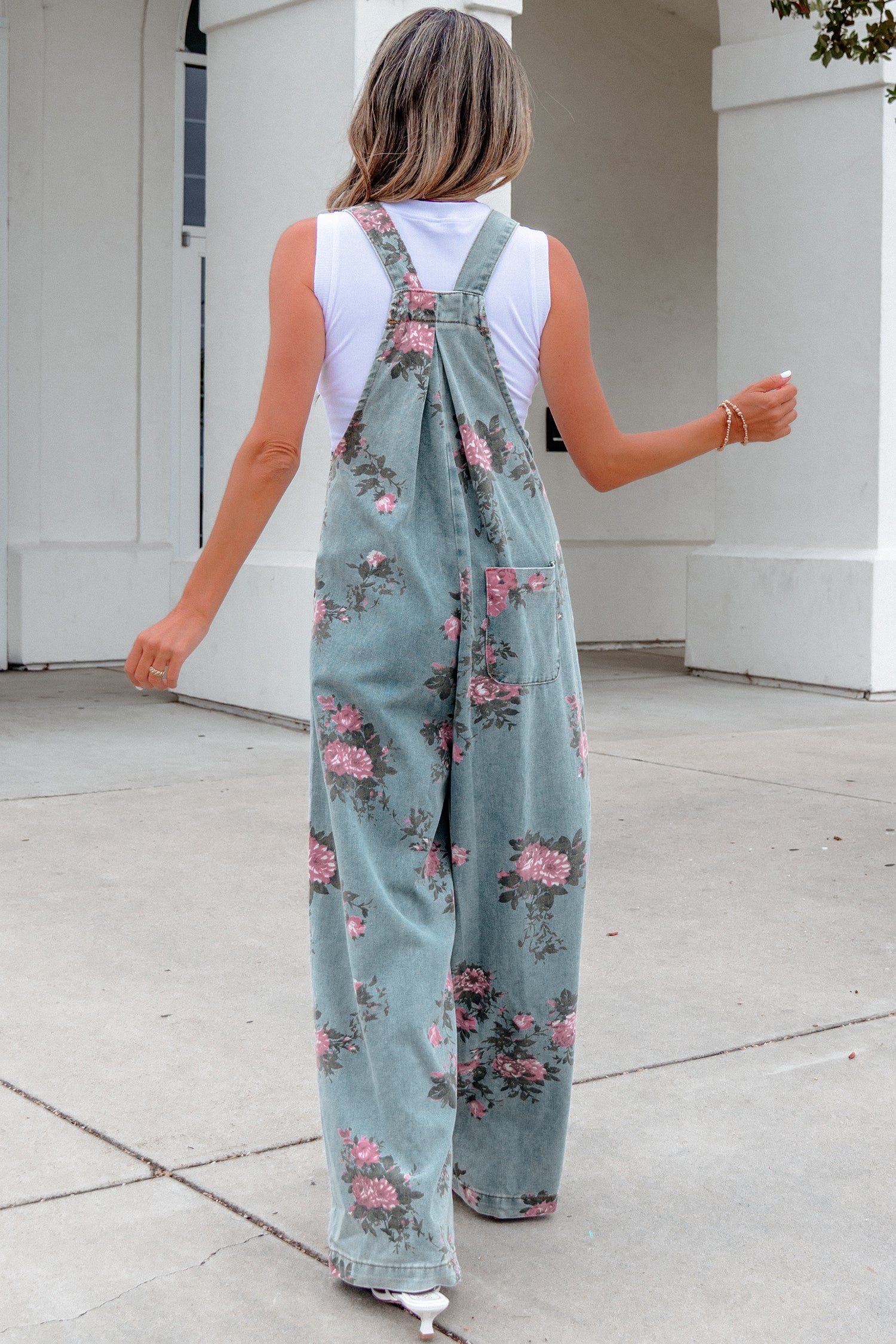 Floral Print Pleated High-Waisted Wide-Leg Denim Jumpsuit — everyday dress for women | J&H Apparel