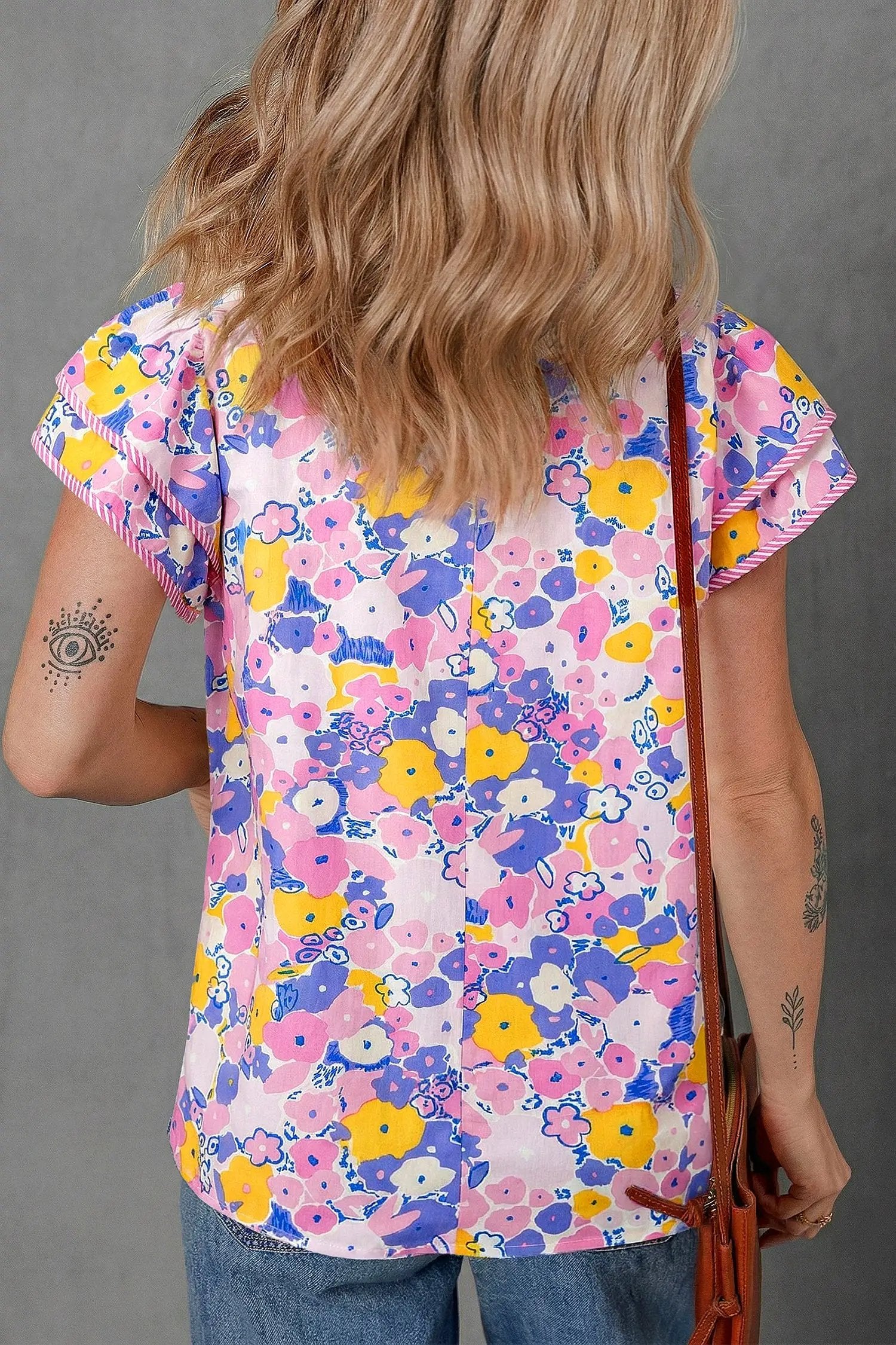 Dear-Lover Dropshipping Pink Playful Floral Print Striped Color Block Patchwork V Neck Flutter Sleeve Blouse - Tops/Blouses & Shirts